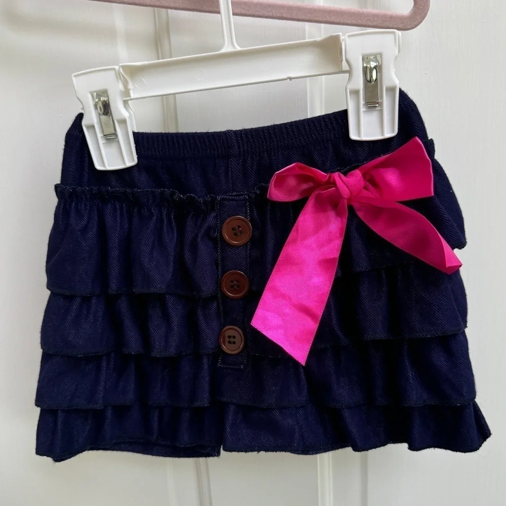 Girls 2T Blue Jean Looking Flowy Skirt with Pink Bow